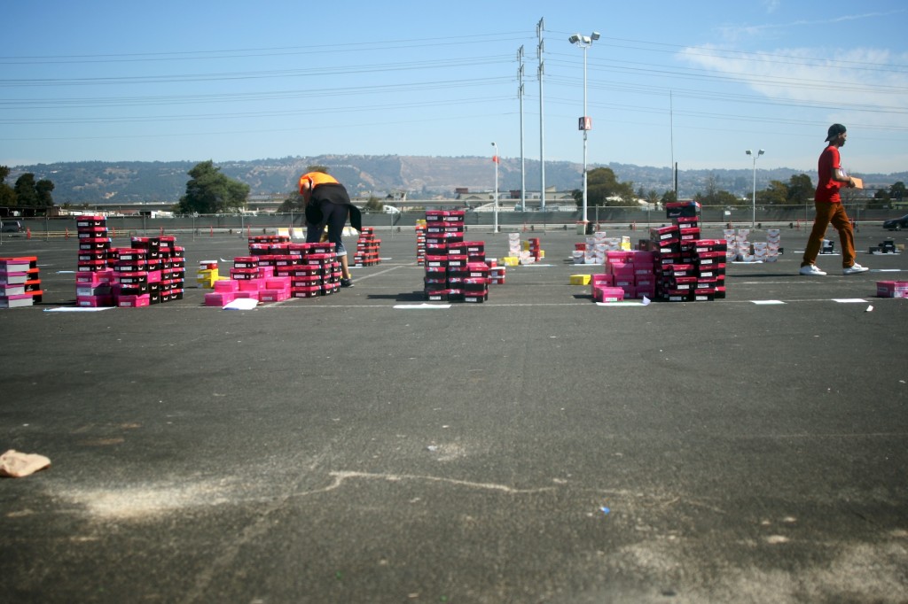 Shoeboxes stacked in Oracle Arena parking lot
