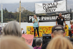 Event MCs Sierra Club SF Director Michele Myers & Communities for Better Environment organizer Andres Soto on stage Credit: Jieqian Zhang