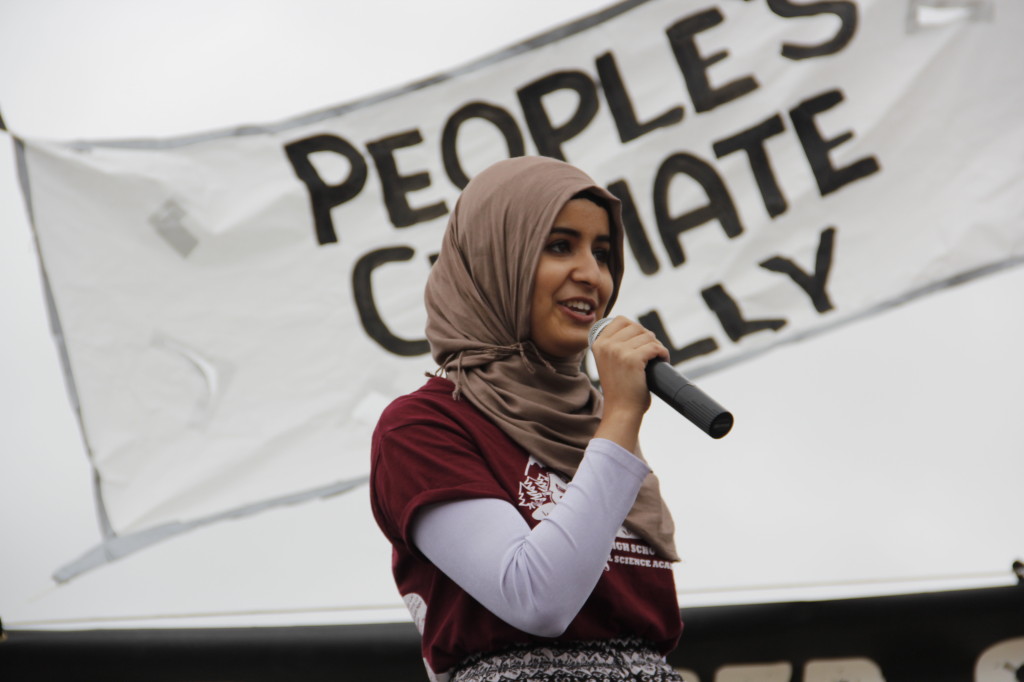 Oakland High School sophomore delivers a speech on biker-powered stage Credit: Jieqian Zhang