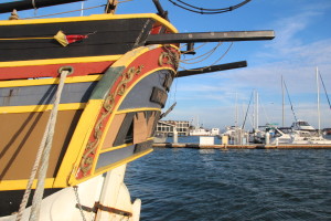 The Lady Washington's home port, Grays Harbor, Washington, is printed on the end of the ship.