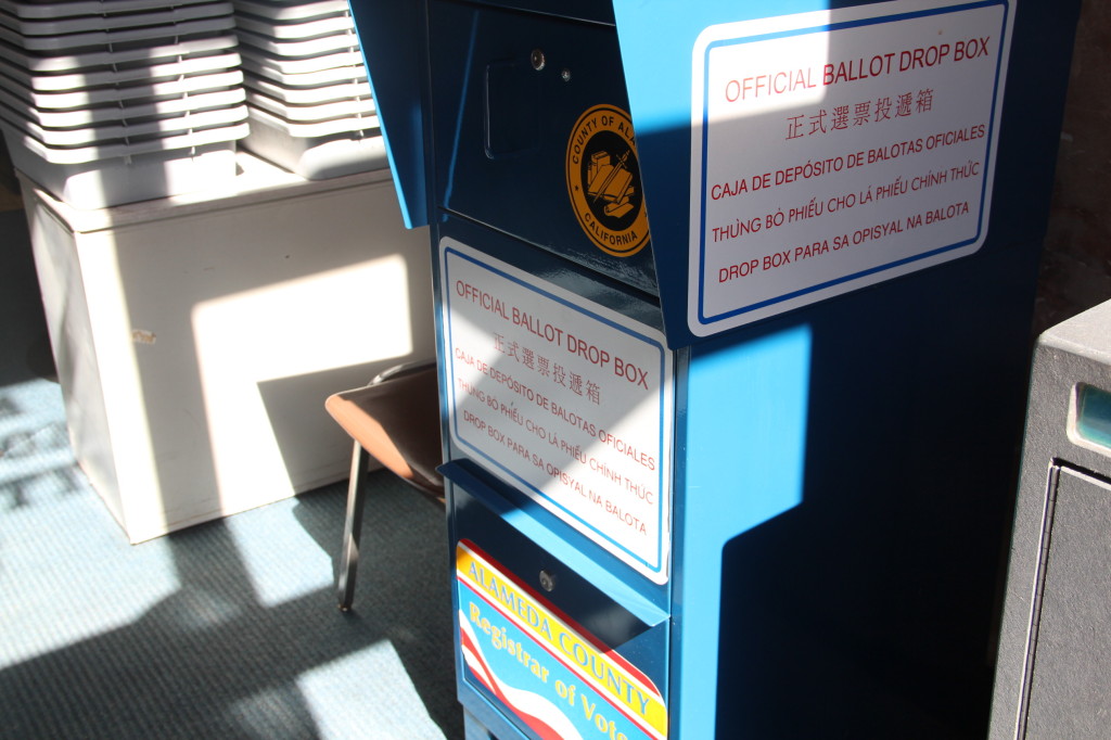 Early voters can drop off vote by mail ballots at an official ballot drop box, like this one at Oakland's René C. Davidson Courthouse.