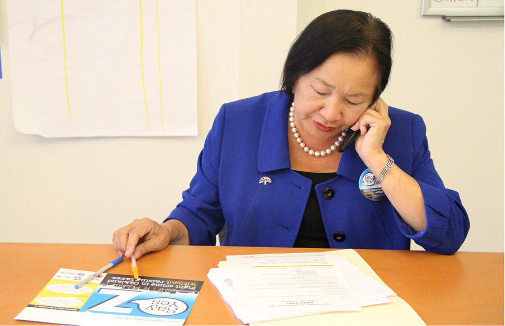 Oakland Mayor Jean Quan makes calls to voters urging support for Measure Z, a parcel and parking tax that would go toward public safety.