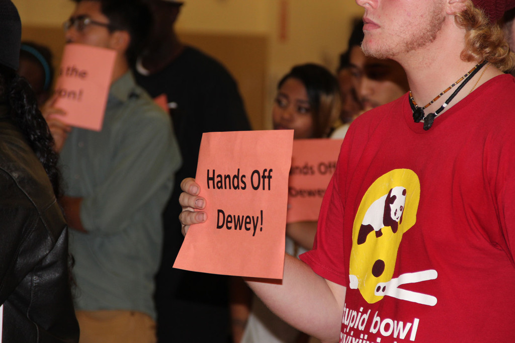 Students of Dewey Academy attend the Oakland Unified School District Board Meeting on Wednesday to voice their concerns about Dewey’s potential relocation.