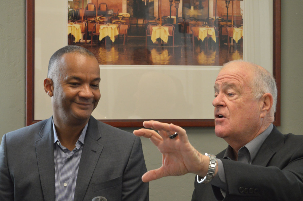 Bryan Parker watches as Don Perata speaks at the Wednesday morning press conference.