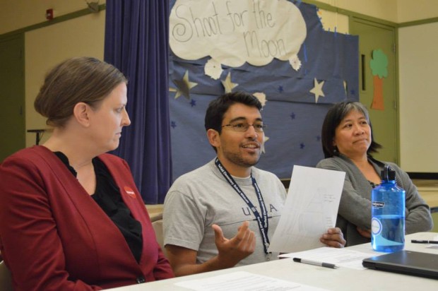 Rebecca Brown, Principal Nima Tahai, and Hedy Chang discuss a new report about attendance in Oakland Schools. Photo by Ryan Phillips.