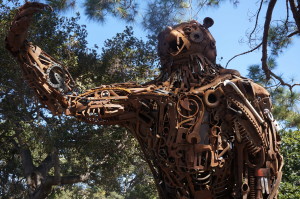 "Ursus Redivivus" is a sculpture of a California grizzly bear made with recycled parts from a dismantled escalator.