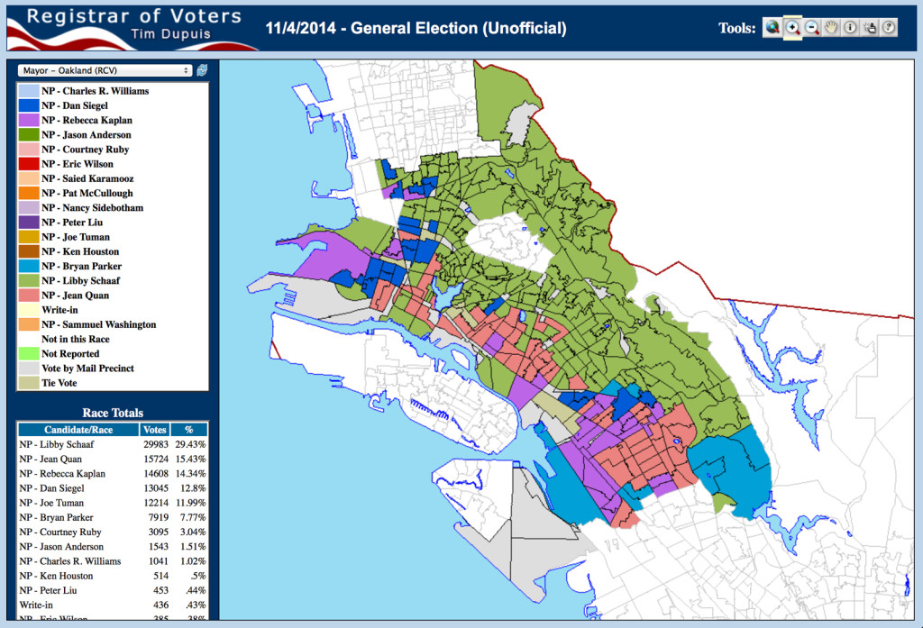 A screenshot of the Alameda County Registrar of Voter's map of the recent mayoral election in Oakland.