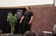 Jinho "The Piper" Ferreira after performing his one man show Cops and Robbers responding to questions from the audiance