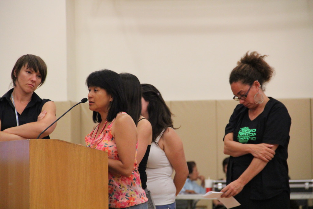 Yvette Felarca speaks out against OUSD's plan for a full inclusion model for special education. Felarca is the leader of the Coalition to Defend Affirmative Action, Integration and Immigrant Rights and Fight for Equality by Any Means Necessary (BAMN). Photo by Erika Alvero.