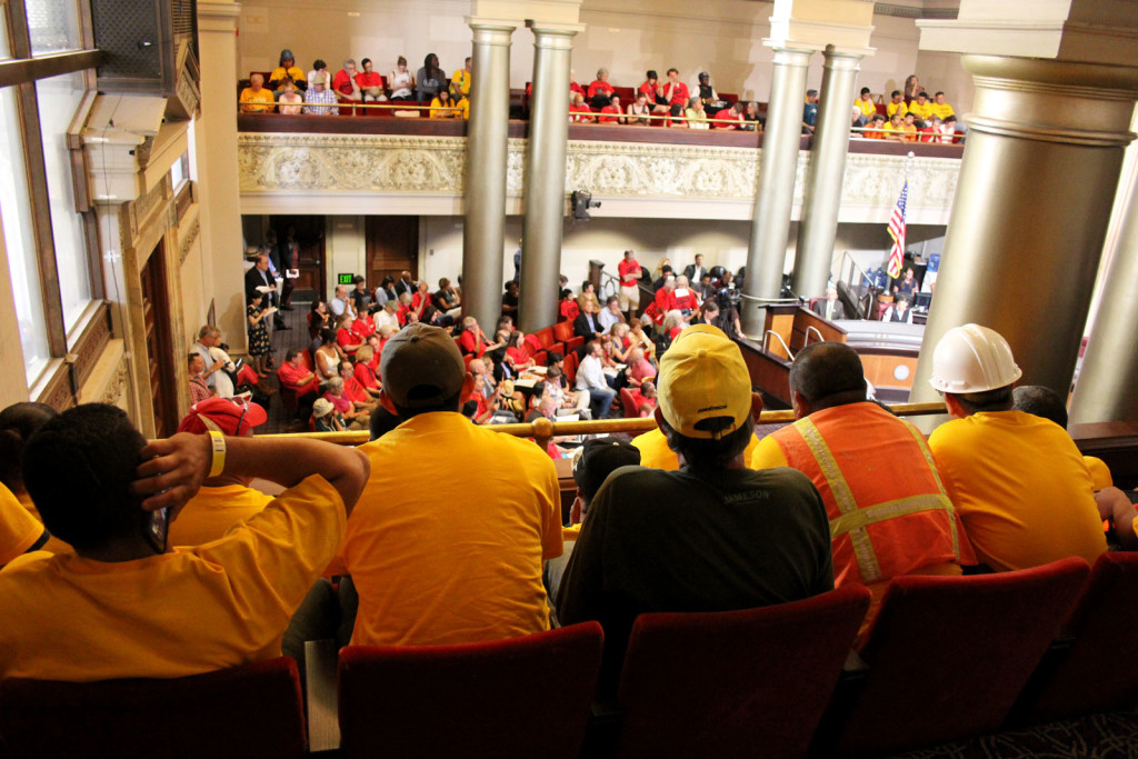 Supporters of the export terminal gathered in the balcony to wait for their turn to speak.
