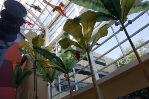 Brightly colored paper decorations adorn the café and entryway at the UCSF Bennioff Childrens’ Hospital Oakland.