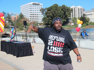 Oakland based rapper Jermel "Dynamo" Wickware, entertains the crowd at SuperSATurday.