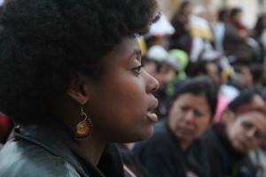 In addition to representatives from Fight for $15 and SEIU, activists from Black Lives Matters and UNITE HERE—a national union for hotel, restaurant and textile workers—were in attendance. Photo by Teresa Cotsirilos.