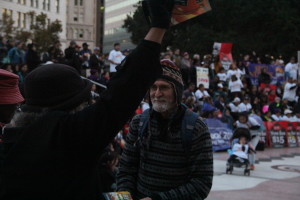 An SEIU press release distributed at the event said that Oakland fast food workers walked off their jobs in protest Tuesday morning. Walk-outs were also organized in 270 other cities. Photo by Teresa Cotsirilos.