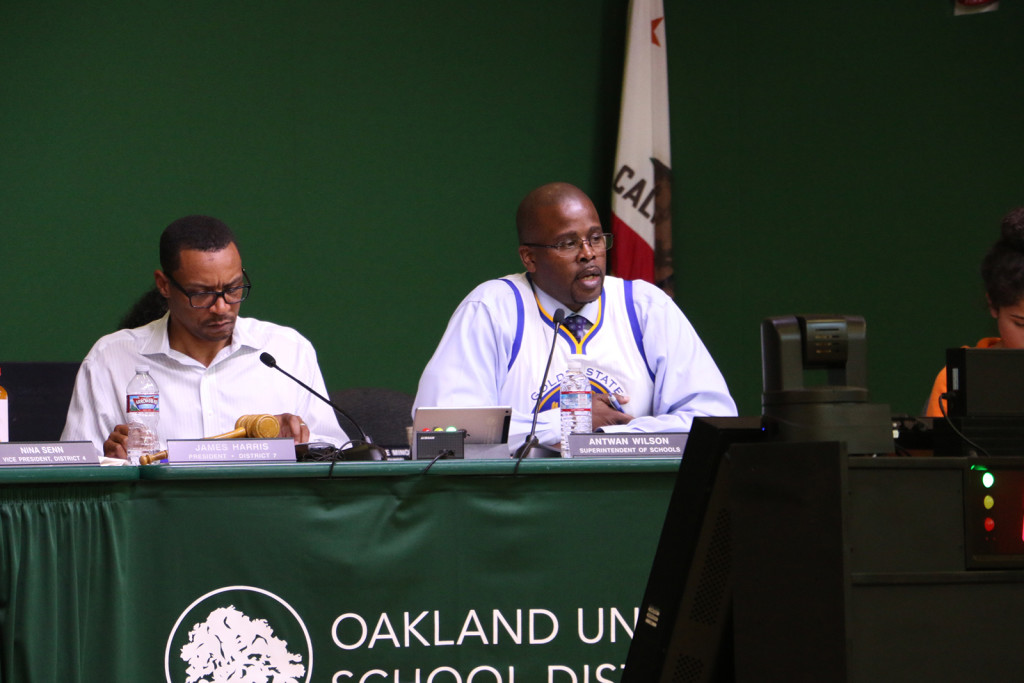 Superintendent Antwan Wilson sported his Warriors jersey at Wednesday night's OUSD meeting.