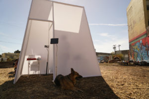 Safe Shape's bold structure invites visitors at the Afrikatown Community Garden.