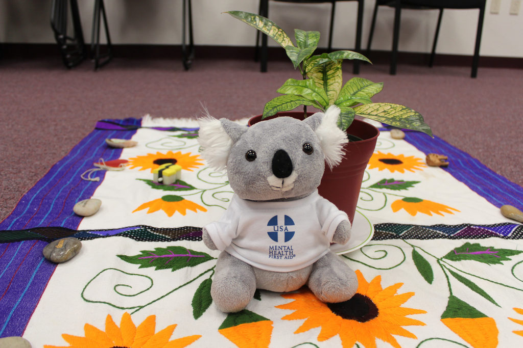 The stuffed koala mascot for USA Mental Health First Aid is named ALGEE, a mnemonic for the program's 5-step action plan.