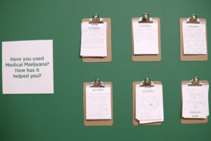 Visitors display their answers to the prompted question, “Have you used Medical Marijuana? How has it helped you?” from the “Altered State: Marijuana in California” exhibition at the Oakland Museum of California on Friday, September 9, 2016.