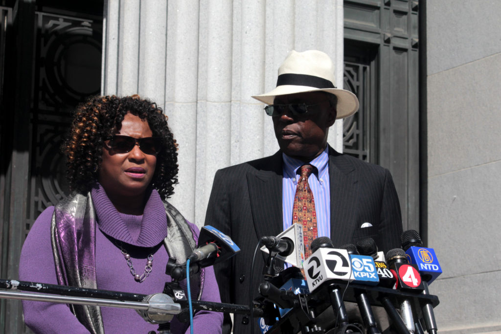 Pamela Price and Charles Bonner, attorneys for Celeste Guap, hold a press conference in front of Oakland City Hall, Sept. 15, 2016 (Photo by Andrew Beale)