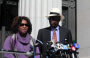 Pamela Price and Charles Bonner, attorneys for Celeste Guap, hold a press conference in front of Oakland City Hall, Sept. 15, 2016 (Photo by Andrew Beale)