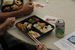 Fukuoka Sister City Association provided $15 Japanese Bento Box dinners, created by Musashi of Berkeley. Each box was filled with an egg roll, sushi, "skewed" meats, and fish with a vegetarian Bento option.