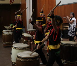 Eden Aoba Taiko (Japanese drums) performers, of all ages, played five songs and described their art. They also encouraged audience members to join their group and learn for themselves.