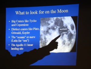 Though the actual viewing of the harvest moon had to be cancelled, due to inclement weather, an astronomer from the East Bay Astronomical Society gave a powerpoint presentation on the moon and its many wonders.