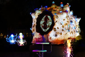 The "Lighting up Food" art installation created by Alameda County Master Gardeners glows in the dark, looking like an illuminated body cell at the Autumn Lights Festival in Oakland on Wednesday, October 12, 2016. (Yesica Prado/Oakland North)