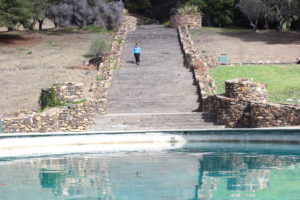An exerciser descends the steps at Joaquin Miller Park.