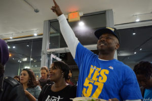 John Jones III and Rhonda Reed of Oakland attend a party for Measure JJ at Solespace in Oakland. Photo by Samantha Clark.