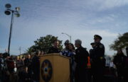 Oakland MayoOakland Mayor Libby Schaaf (at podium), Oakland Police Department spokesperson Officer Johnna Watson (right) and other law enforcement officials spoke at a press conference late Sunday afternoon. Photo by Margaret Katcher.r Libby Schaaf (at podium), Oakland Police Department spokesperson Officer Johnna Watson (right( and other law enforcement officials spoke at a press conference late Sunday afternoon. Photo by Margaret Katcher.