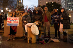 East Bay Area Danzantes, Mexica, a group of Aztec dancers, led ceremonial dances throughout the protest on Friday. Photo by Rosa Furneaux.