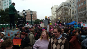 As the crowds returned to Frank Ogawa Plaza, the California Highway Patrol estimated the crowd size at at least 60,000, and the city's Twitter account announced that the plaza was at capacity. Photo by Andrew Beale.
