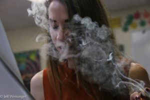 Participants picked up a paint brush with one hand and a joint or vape pen in the other. (Photo Jeff Weisinger)