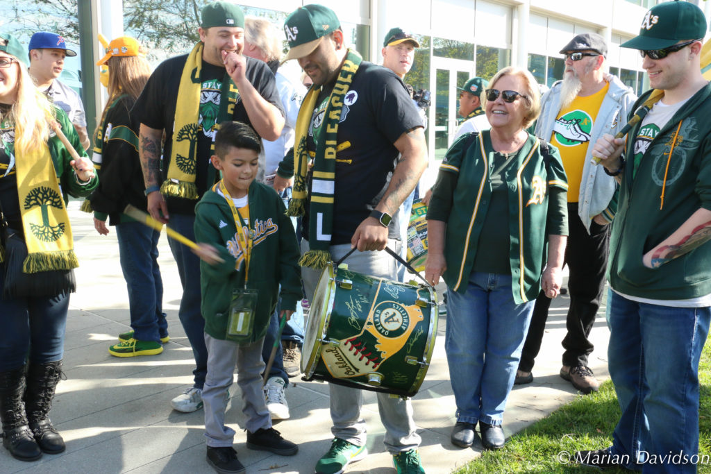 The Right Field Bleacher Crew sets the beats during Oakland A's FanFest in Jack London Square.