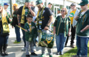 The Right Field Bleacher Crew sets the beats during Oakland A's FanFest in Jack London Square.