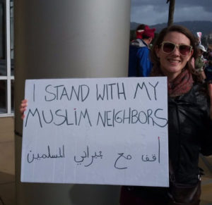 Marcher Ana Levett said she was there to oppose Islamophobia and Trump's proposed ban on Muslim immigration to the US. Photo taken January 21, 2017 at the Oakland Women's March by Andrew Beale.