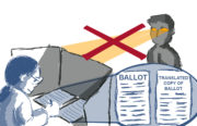 Assembly Bill 918, the “California Voting for All Act,” would let limited-English voters bring laminated facsimile ballots into the voting booth, granting them the same privacy as other voters. Illustration by Abner Hauge.
