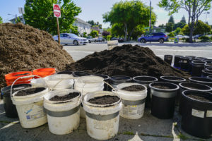 Buckets of compost line up in front of the Memorial Tabernacle Church for a lawn party to restore the church's garden on Saturday, May 6, 2017. (Yesica Prado/Oakland North)