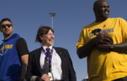 From left: Golden State Warrior Zaza Pachulia, Captain Cindy Berwyn and former Warriors player Adonal Foyle speak to the media after the arrival of more than 150 rescue animals from Miami to the Bay Area.