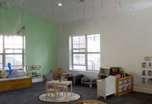 A view of the inside of the toddler room in Alternatives in Action's new Early Childhood Education Center in the Seminary neighborhood of Oakland. Everything in the space, from the color of the walls to the layout of the windows is inspired by the Italian Reggio Emilia philosophy of teaching.