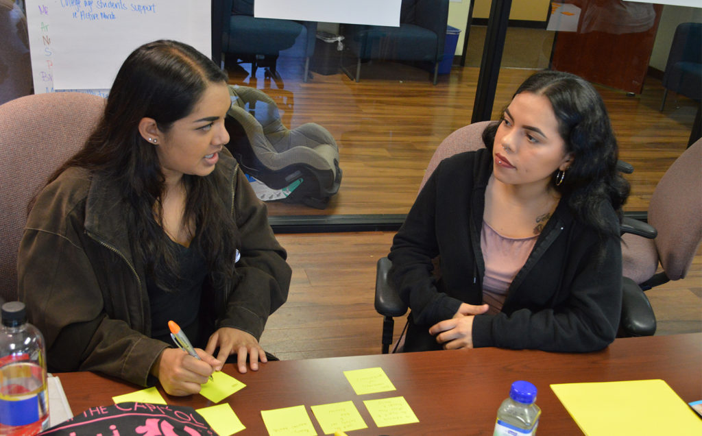 Smitha Gundavajhala and Jennifer Trujillo, members of regional TAY groups, work on an activity at a TAY retreat at the PEERS headquarters in Oakland.
