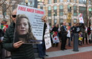 Demonstrators demanding the release of Palestinian teenger Ahed Tamimi, currently detained by the Israeli military. Photo by Alicia Medina.