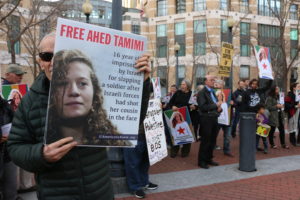 Demonstrators demanding the release of Palestinian teenger Ahed Tamimi, currently detained by the Israeli military. Photo by Alicia Medina.