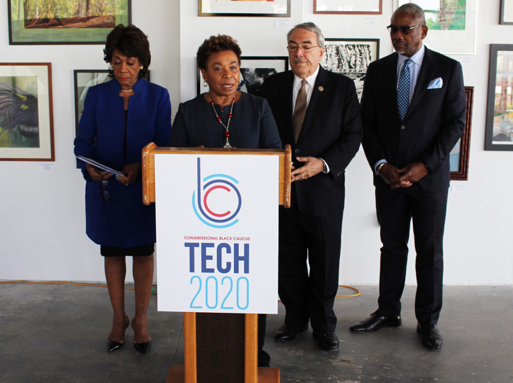 Members of Congress who belong to the Congressional Black Caucus Diversity Task Force are standing at Merritt College in Oakland. From left, Maxine Waters, Barbara Lee, G. K. Butterfield and Gregory Meeks.