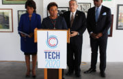 Members of Congress who belong to the Congressional Black Caucus Diversity Task Force are standing at Merritt College in Oakland. From left, Maxine Waters, Barbara Lee, G. K. Butterfield and Gregory Meeks.