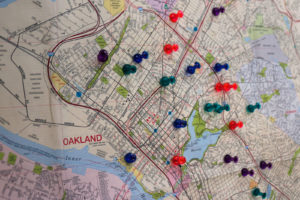 These push pins chart out some of the mesh network's nodes around Oakland.