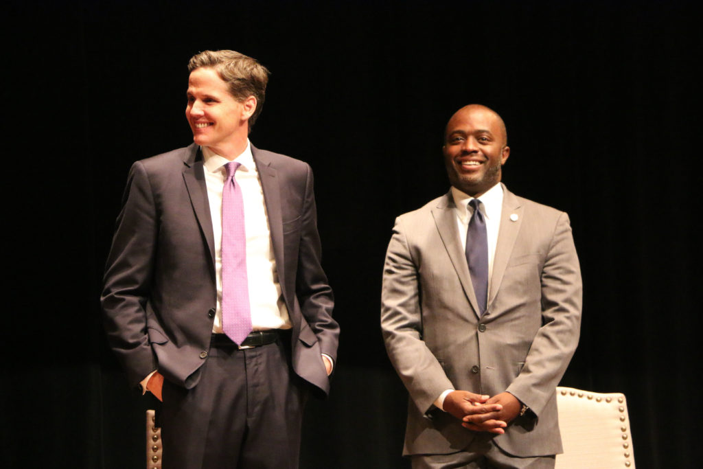 Marshall Tuck and Assemblyman Tony Thurmond (D-Richmond) at a candidate forum on Oakland on black student achievement. They are both running to be State Superintendent of Public Instruction for California.