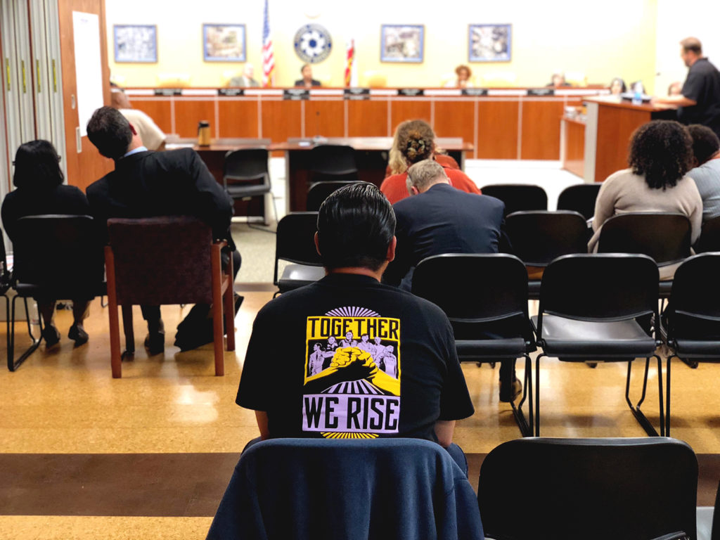 Richard Thoele, SEIU chapter president for the Peralta Colleges, attends the college district board meeting on September 25, 2018.