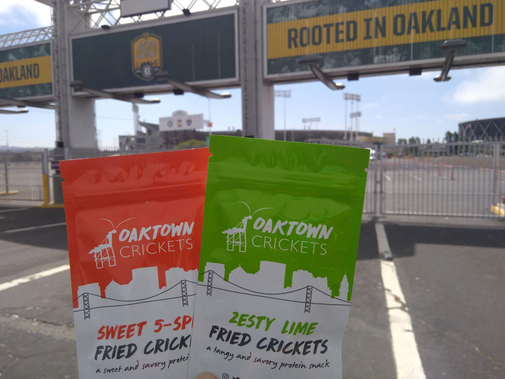 Two different flavors of Oaktown Crickets are sold at Oakland A's and Raiders games at the Oakland Coliseum. Photo courtesy Jared Ginn, Tiny Farms